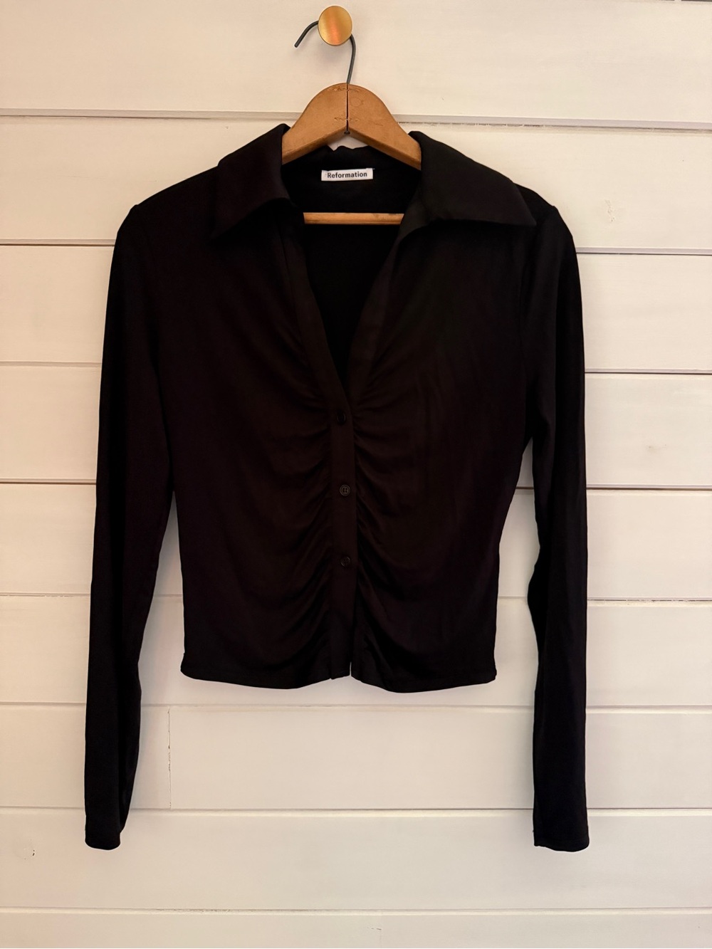 REFORMATION HAZE SHIRT Sz SMALL Collared Ruching Button Up Stretch Black  $168